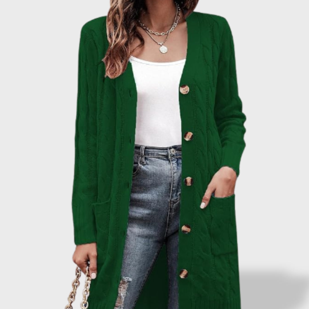 Clara Cárdigan de punto largo para mujer con botones y bolsillos
