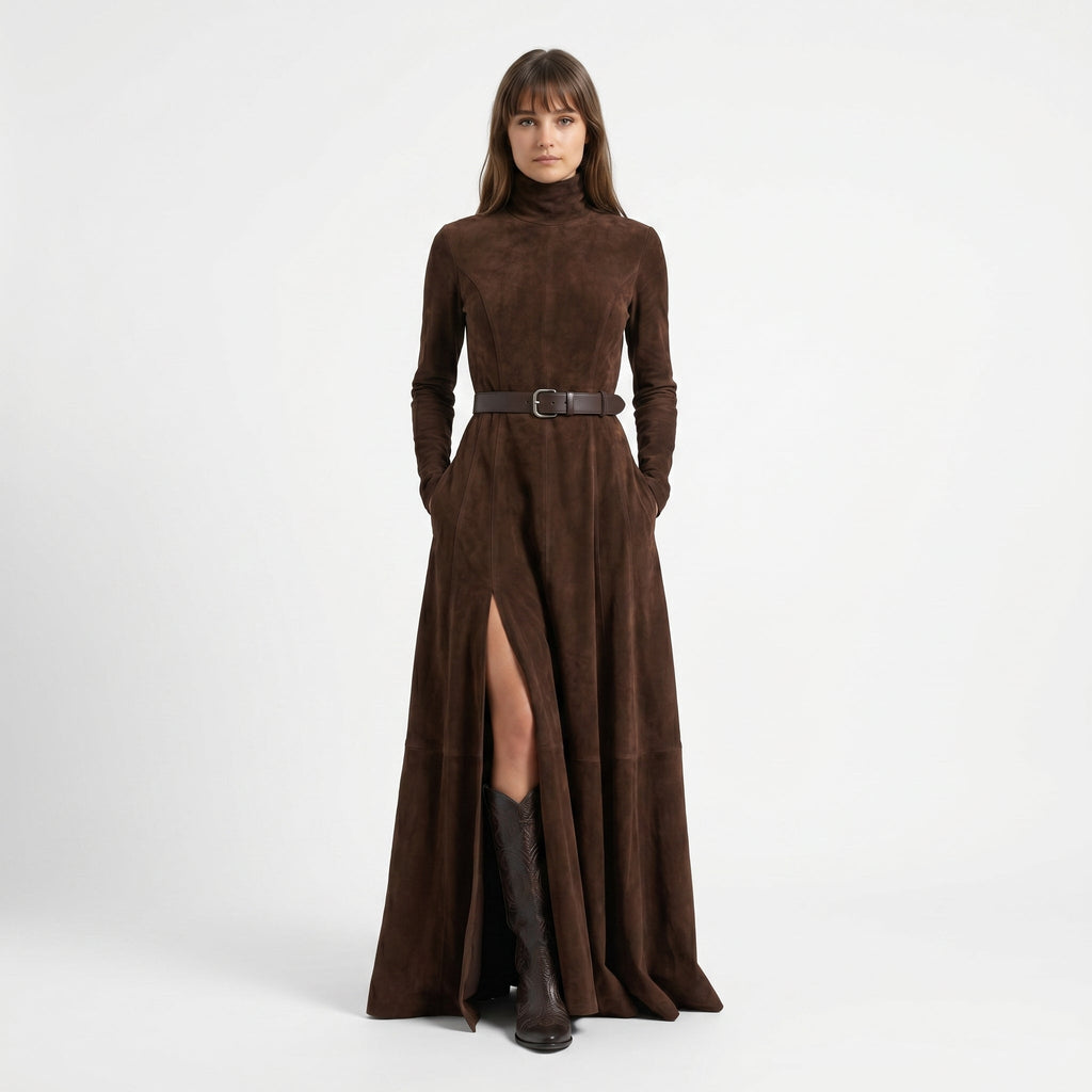 Vestido de Ante Sintético con Cuello Alto, Manga Larga y Abertura (Incluye cinturón)