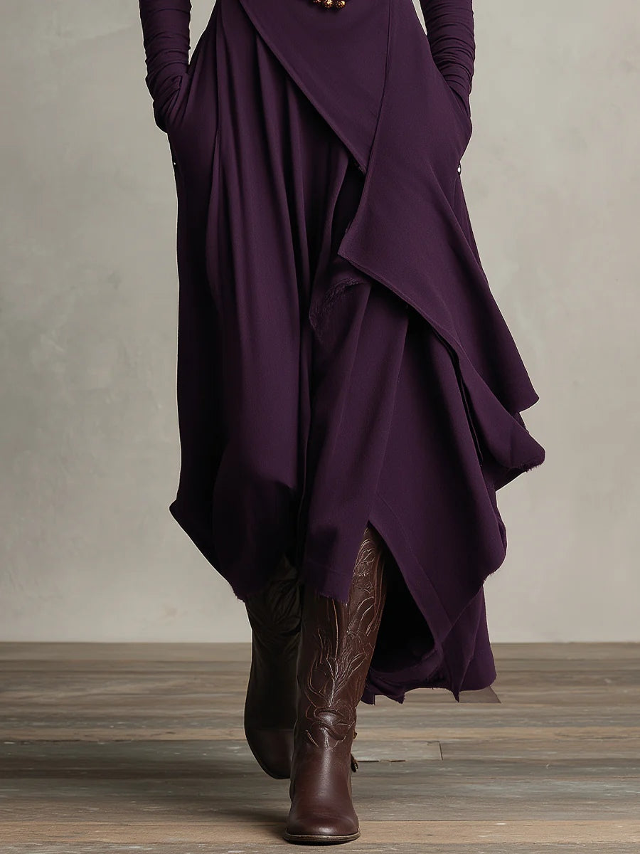 AURELIA™║Vestido largo plisado asimétrico con cuello alto