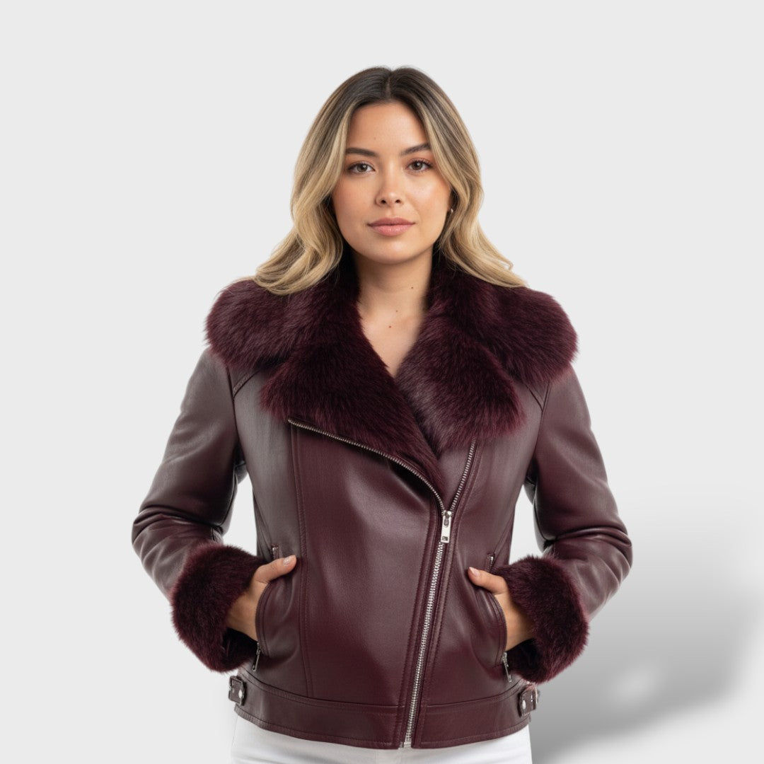 Chamarra de Cuero Vintage con Cuello de Peluche